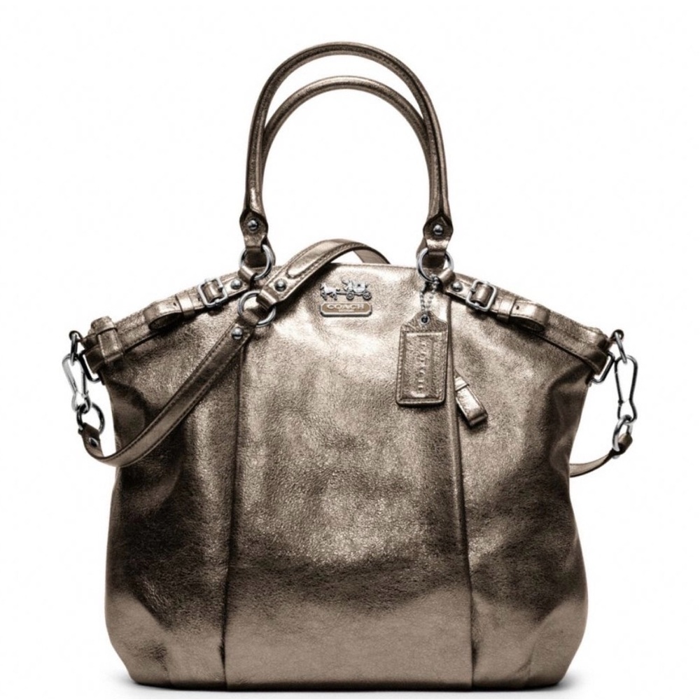 Coach Metallic Bronze Leather Tote with Dual Handles/Strap and matching wallet